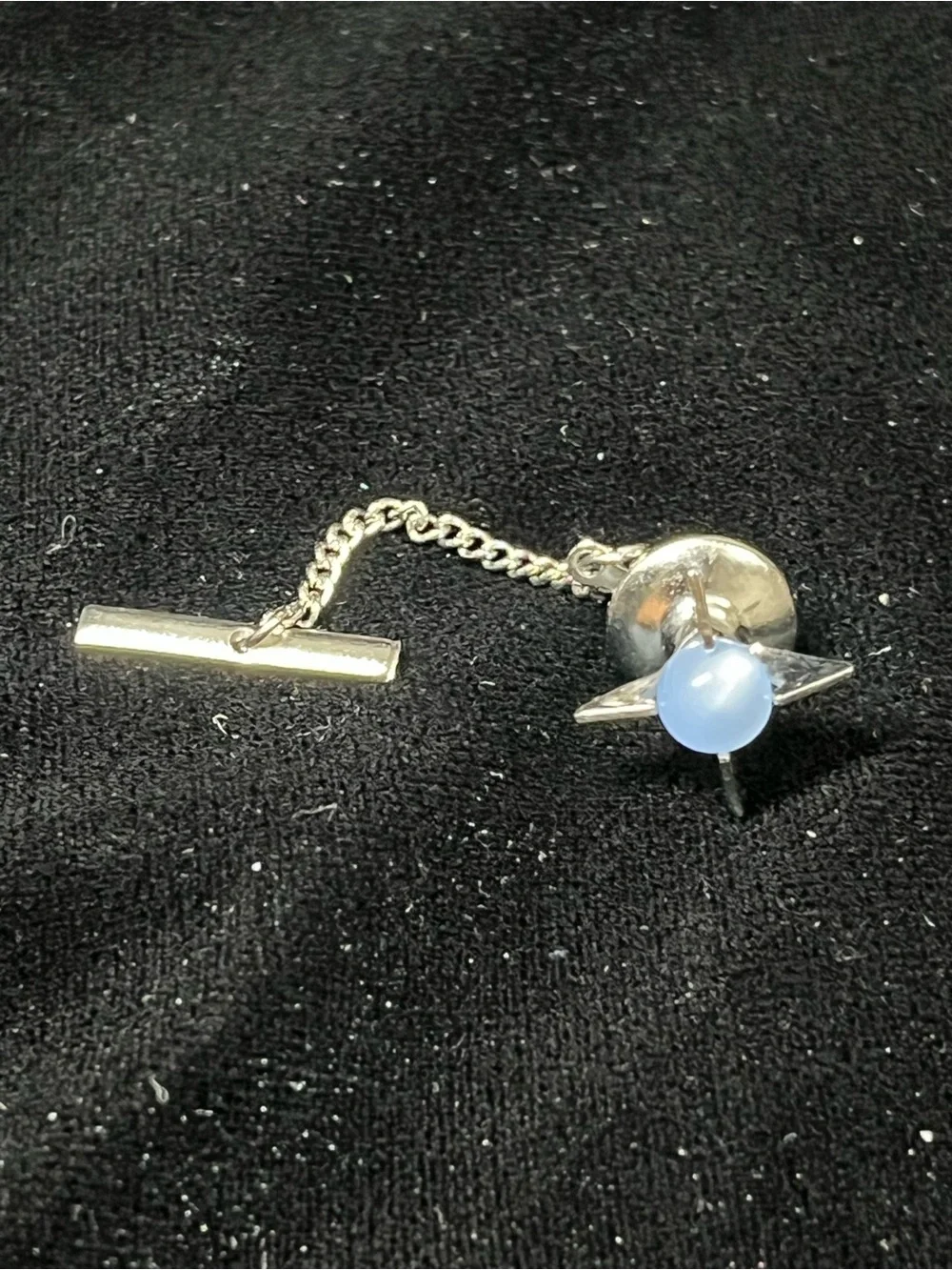 Vintage Silver Blue Moongloe Lucite Cabochon Square Cufflink and Tie Tack Set